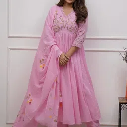 MILAAV Women Floral Yoke Thread Work Pure Cotton Kurta with Trousers & With Dupatta-picture-34