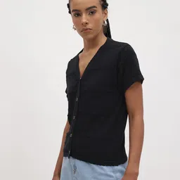 The Roadster Life Co. Open Knit Self Design Button Down Shirt Style Top image 3