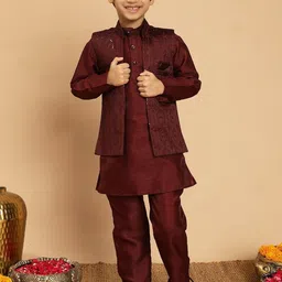 Sangria Boys Band Collar Cotton Silk Kurta With Pyjama & Embroidered Jacket-picture-29