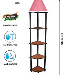 Devansh Pink & Brown Jute Wooden Floor Lamp With Shelves image 4