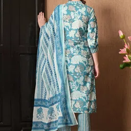 KEOSA Women Floral Printed Regular Pure Cotton Kurta with Trousers & With Dupatta image 3