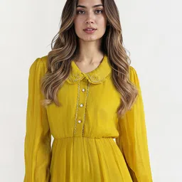 ELLE Women Self Design Embellished Peter Pan Collar A-Line Midi Dress image 4