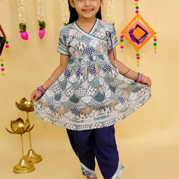 JUNITOS Girls Ethnic Motifs Printed V-Neck Angrakha Pure Cotton Kurti With Dhoti Pants-picture-17