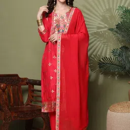 HARIKS Ethnic Motifs Embroidered Straight Kurta With Trousers & Dupatta-image-5