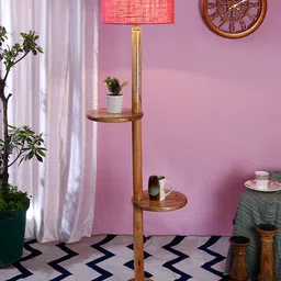 Devansh Pink & Brown Cylinder Shaped Wooden Shelf Floor Lamp image 4