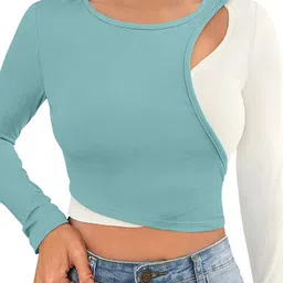 Sanwariya Silk Colourblocked Round Neck Long Sleeves Fitted Crop Top image 2