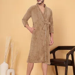 FABINALIV Beige Cotton Bath Robe With 2 Front Pockets image 1
