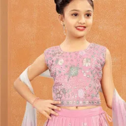 Lagorii Girls Embroidered Thread Work Ready to Wear Lehenga & Blouse With Dupatta image 3