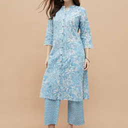 Melange by Lifestyle Women Floral Printed Regular Pure Cotton Kurta with Trousers-picture-37