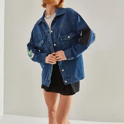 BIANCO LUCCI Women Washed Longline Denim Jacket with Embroidered-image-62