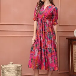 FIXOCRA Women Abstract Print Tiered A-Line Midi Dress image 2