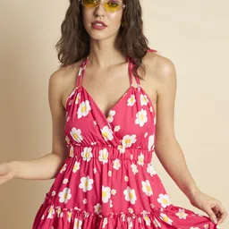 VANGULL Women Floral Printed Halter Neck Cotton Empire Mini Dress-picture-24