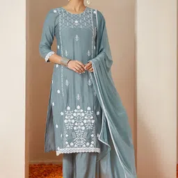 Janasya Women Floral Embroidered Regular Thread Work Kurta with Trousers & With Dupatta image 5