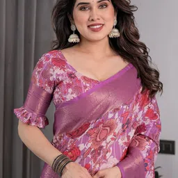 ALMAARI FASHION Floral Printed Pure Cotton Banarasi Saree With Unstiched Blouse image 4