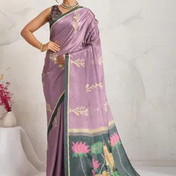 RACHNA Digital Block Floral Printed Satin Saree With Unstiched Blouse-image-3