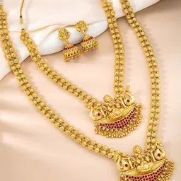 Peora Gold-Plated Stone-Studded Temple Jewellery Set-image-18