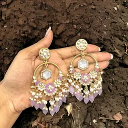 Anouk Gold-Plated Artificial Stones Studded & Beaded Floral Shaped Drop Earrings image 5