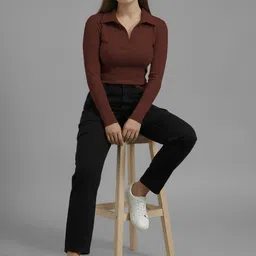 Dream Beauty Fashion Women Mocha Mousse Ribbed Shirt Collared Long Sleeves Fitted Top-picture-25