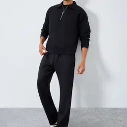 Styli Men Solid Regular Fit Cotton Fleece Sweatshirt With Half Zipper image 4