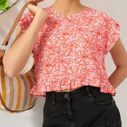 DressBerry Citrus Moment Flutter Sleeve Ruffled Floral Print Top-picture-19