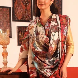 Pashmoda Ethnic Motifs Woven Design Naqqashi Pure Wool Kalamkari Shawl image 3