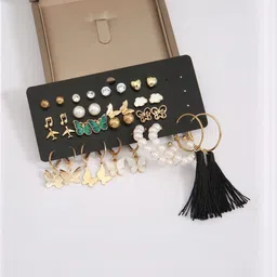 DressBerry Set Of 17 Gold Plated Pearls Studded & Beaded Circular Shaped Korean Studs image 2