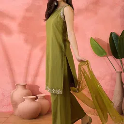 Sangria Parrot Green Floral Sequinned Round Neck Straight Kurta With Palazzos And Dupatta image 5