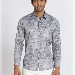 COOL COLORS Men Grey Cotton Floral Print Full Sleeve Slim Fit Casual Shirts-picture-16