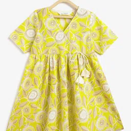 Campana Girls Floral Printed Pure Cotton V-Neck Dress-picture-45