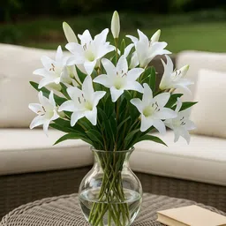 ikko Oriental Lily Stem for Vase, Home & Festival Decor, Living Room Corner Table, White, Green Lily Artificial Flower image 1