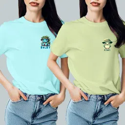 infirax Pack of 2 Women Graphic Print Round Neck Pure Cotton Multicolor T-Shirt image 2