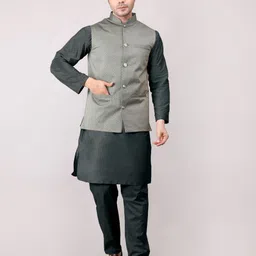 adarniya Men Cotton Silk Kurta Pyjama Ethnic Jacket Set image 4