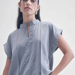 CHIC BY TOKYO TALKIES Women Pleated Short Sleeve Mandarin Collar Top-image-34