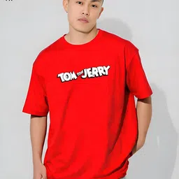 ANGERHOOD Graphic Tom And Jerry Printed Drop-Shoulder Sleeves Oversized Cotton T-shirt image 4