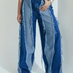FREAKINS Women Fray Wave Curve Straight Jeans-picture-8