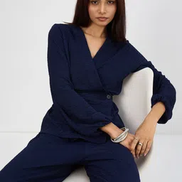 FEMMELLA V-Neck Long Sleeves Textured Wrap Top With Trousers image 5