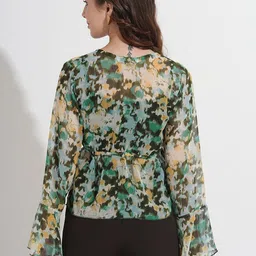 all about you Abstract Printed V-Neck Bell Sleeve Chiffon Shirt Style Top image 3