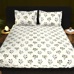 THE WHITE MOSS White & Green Floral Cotton 210 TC King Bedsheet Set 2.75 m x 2.75 m-picture-7