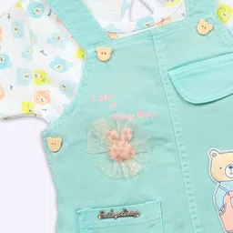 Babys Day Infant Girls Teddy Bear Printed Pure Cotton Dungaree With Top & Brief image 4