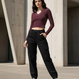 glitchez Contrast Stitch Mandarin Collar Ribbed Crop Top image 5