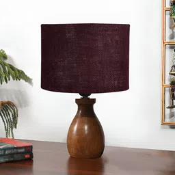 Devansh Brown & Purple Textured Wooden Cylindrical Shaped Table Lamp image 5
