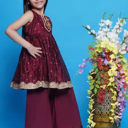 Little Bansi Girls Woven Design Chanderi Cotton A-Line Kurta With Palazzos & Dupatta image 3