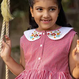 Sangria Girls Striped & Embroidered Cotton Peter Pan Collar A-Line Knee Length Dress image 3