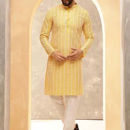 Anouk Yellow & White Band Collar Geometric Embroidered Pure Cotton Straight Kurta-image-49