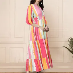 Raiyani Fashion Women Abstract Printed Smocked V-Neck Tiered Fit & Flare Maxi Dress-image-85