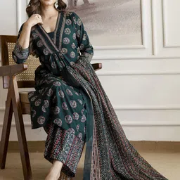 SKYLEE Floral Printed V-Neck Straight Kurta With Palazzos & Dupatta-picture-28