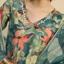 Azira Floral Printed V-Neck Sequinned Straight Kurta With Trouser & Dupatta image 5