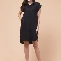 Hive91 Women Solid Black Extended Sleeves High-Low Hem Shirt Dress-image-26