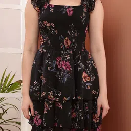 Elizy Floral Print Flutter Sleeve Ruffled Georgette Fit & Flare Dress image 5