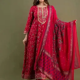 DIVASTRI Women Ethnic Print Embroidered Regular Pure Cotton Kurta With Trousers & Dupatta-picture-35